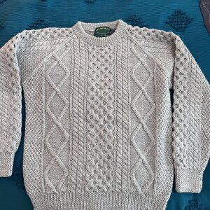 Vintage Maine Bay Thick Cable Knit 100% Wool Hand Knitted Fisherman Sweater
